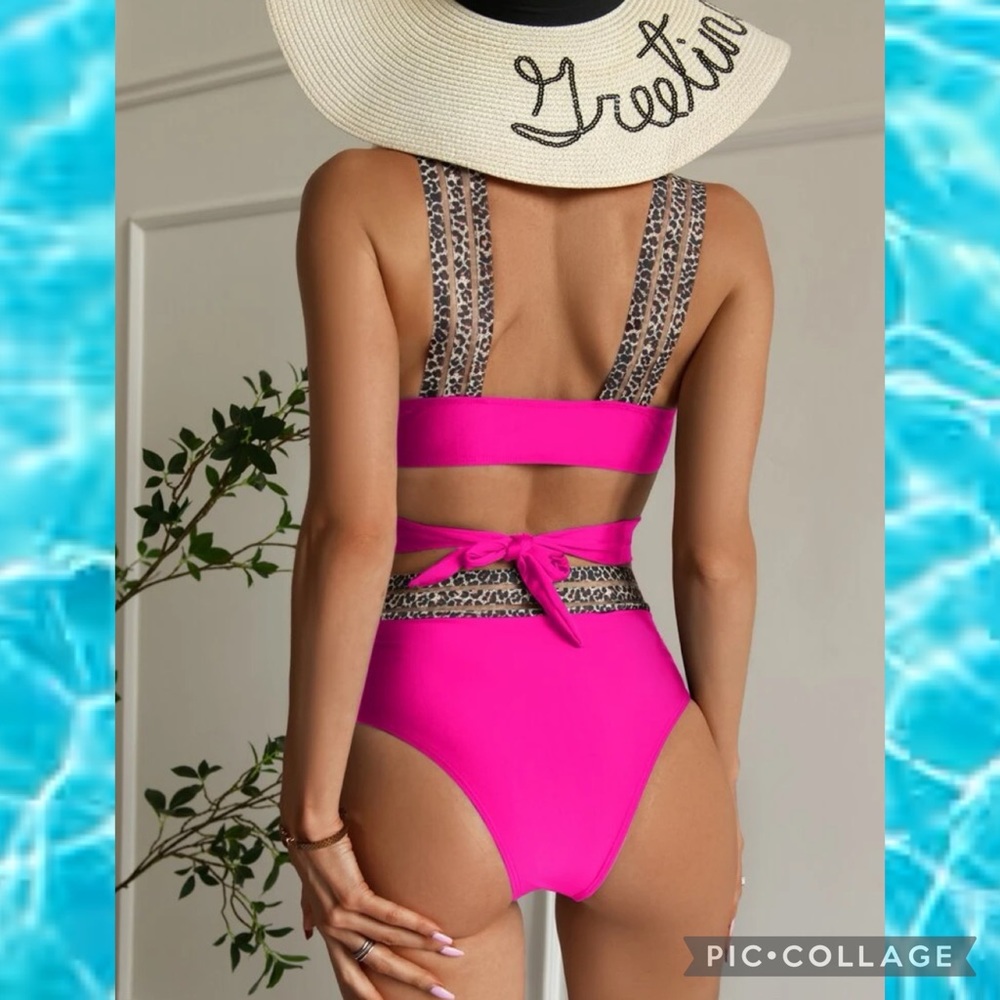Barbiecore Hot Pink Leopard Trim Cross Wrap Top High Waist Bikini Size Large - Picture 2 of 5